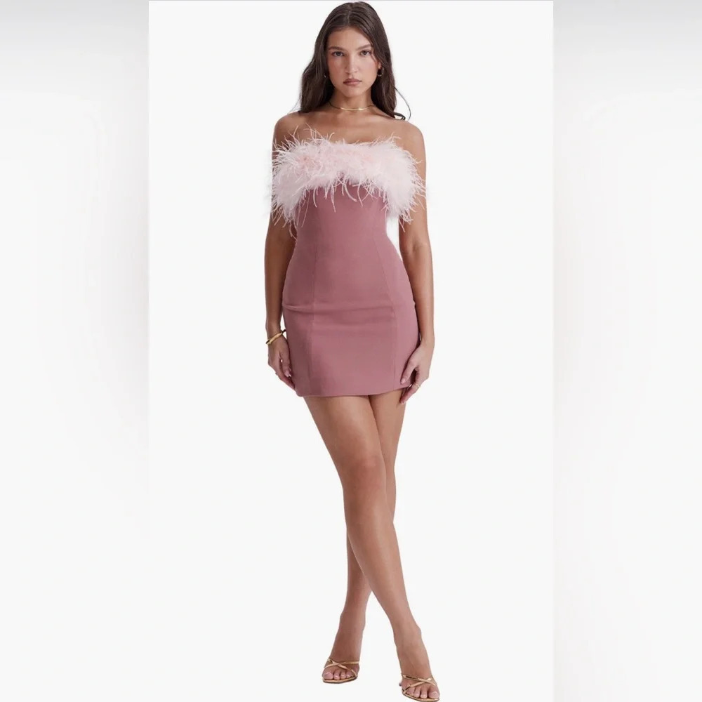 House of CB Alexa Feather Strapless Mini Dress Warm Pink Large NWT